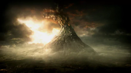 HD PC desktop wallpaper from the video game Middle-earth: Shadow of Mordor featuring a dark, erupting volcano under a stormy sky.