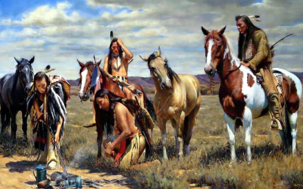 HD desktop wallpaper featuring an artistic painting of Native Americans with horses in a natural landscape, adorned with feathers and traditional attire under a vast, partly cloudy sky.