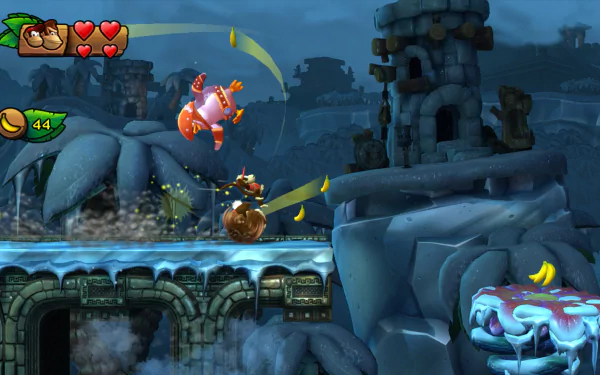 HD desktop wallpaper from Donkey Kong Country: Tropical Freeze featuring characters in mid-action on a moody ruins backdrop.