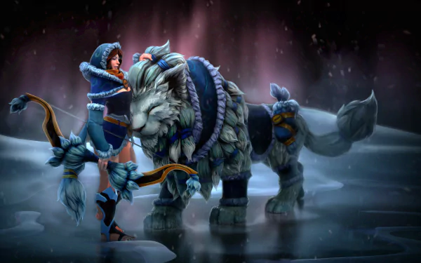 HD wallpaper featuring Mirana from DotA 2, a woman warrior with a bow, standing beside a majestic, armored lion in a winter fantasy setting. This image beautifully captures the essence of the video game.