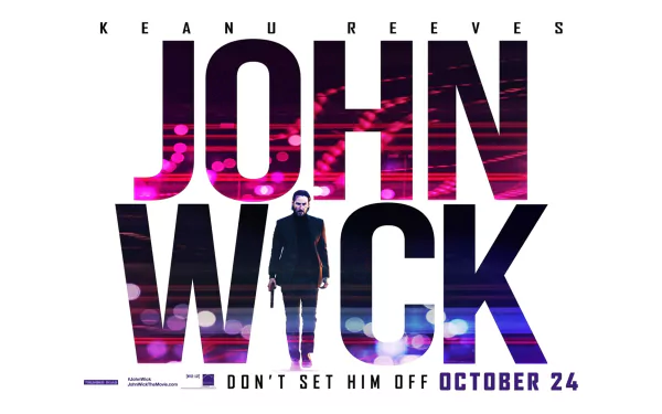 A striking HD desktop wallpaper featuring John Wick, with bold typography and vibrant colors, showcasing Keanu Reeves as the iconic assassin. Release date: October 24.