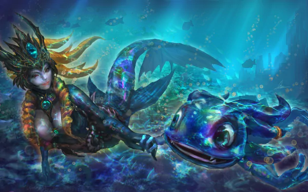 A vibrant HD wallpaper featuring Fizz and Nami from League of Legends, set in an underwater scene filled with colorful marine life and shimmering light effects.