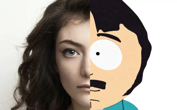 A split image featuring Lorde’s face on one side and Randy Marsh from South Park on the other, creating a unique blend of pop culture and animation in a vibrant HD wallpaper.