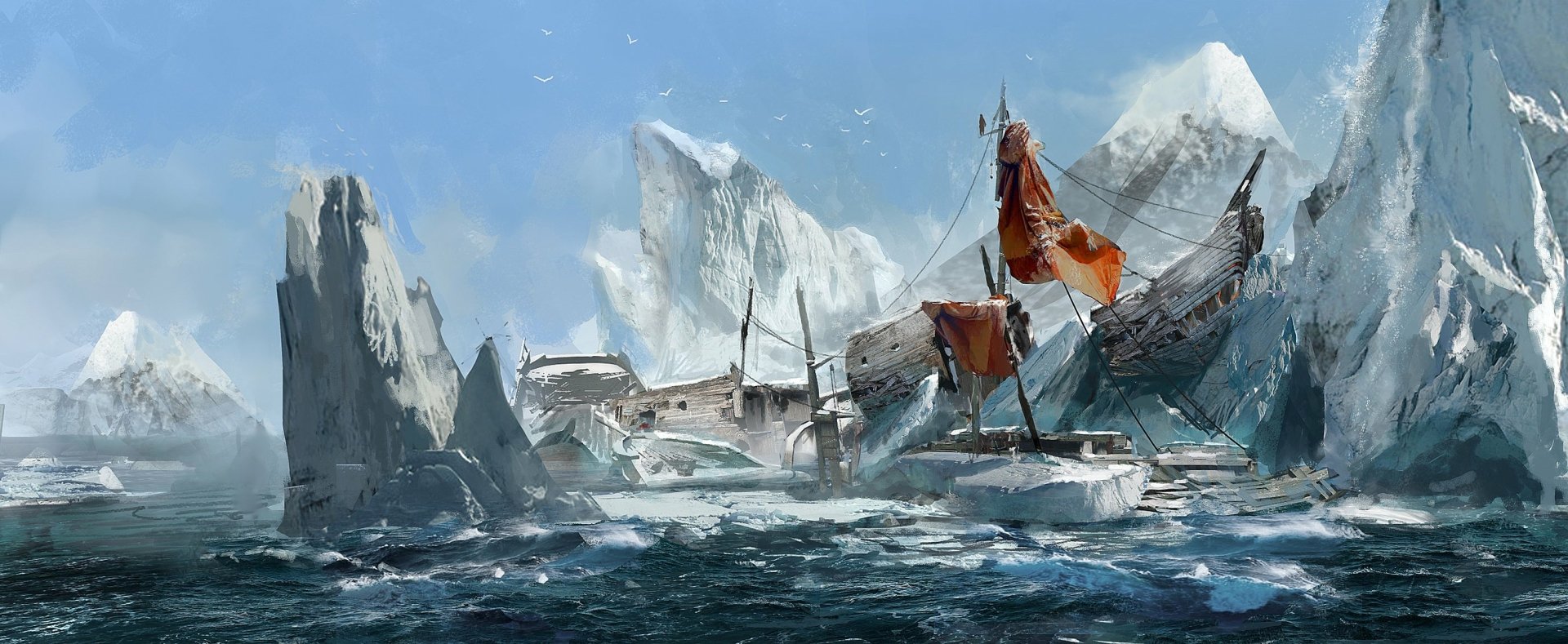 A stunning HD wallpaper from Assassin's Creed: Rogue, showcasing a dramatic icy seascape with abandoned ships and jagged ice formations against a clear blue sky.