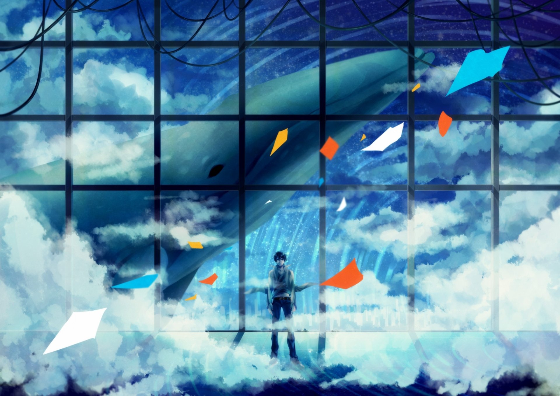 A captivating HD anime desktop wallpaper featuring a figure standing before a large, ethereal whale amidst clouds and vibrant colors, framed by a grid background.