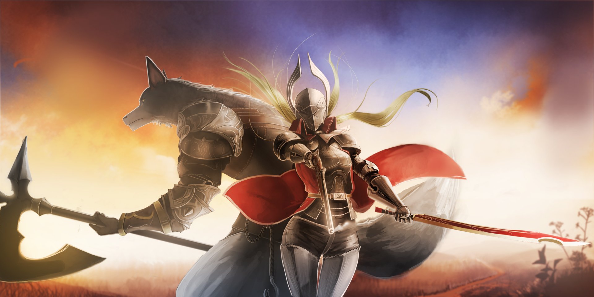 Anime-style HD desktop wallpaper from Pixiv Fantasia featuring a warrior in armor with a red cape and sword, standing confidently beside a large armored wolf under a dramatic sky.