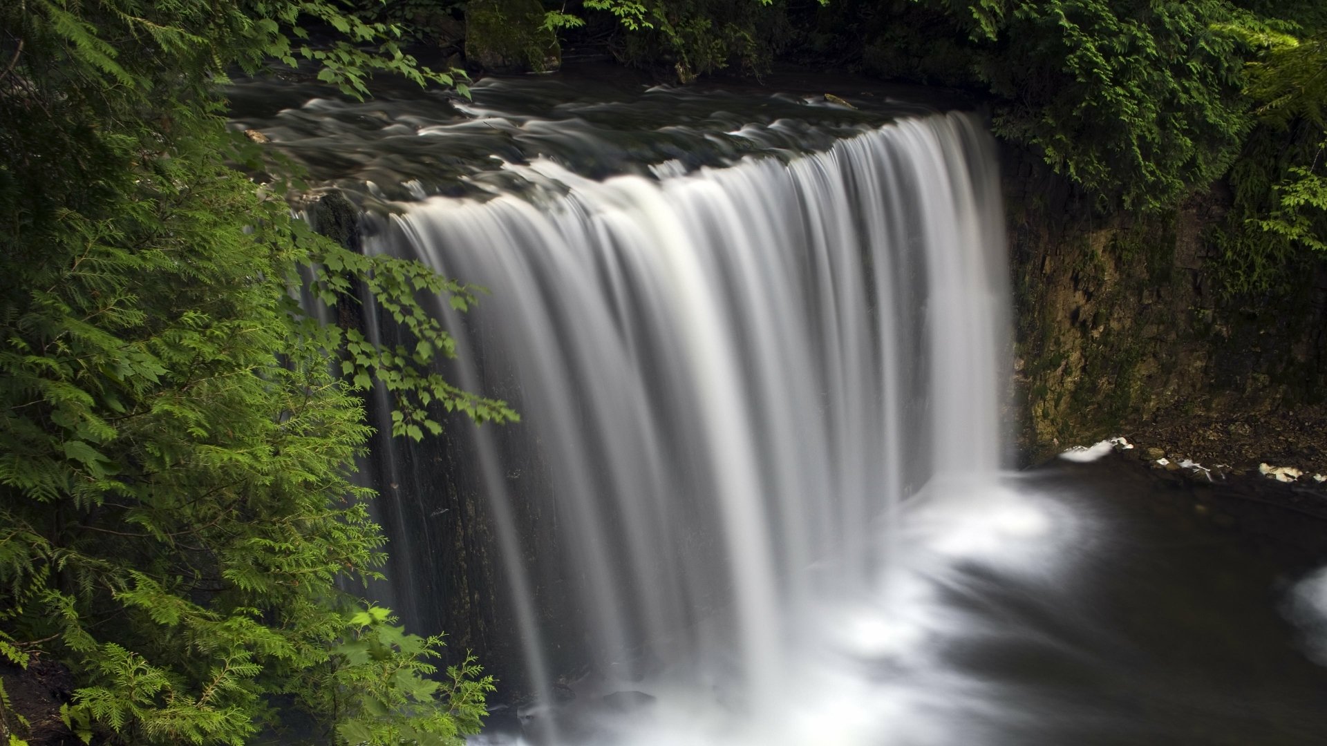 4K Ultra HD PC wallpaper of a serene waterfall cascading through lush green forest foliage in a vibrant natural setting.