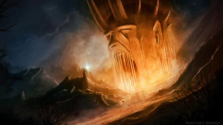 HD fantasy PC desktop wallpaper depicting a towering, fiery demon emerging from a dark, smoky landscape with glowing embers and ominous skies.