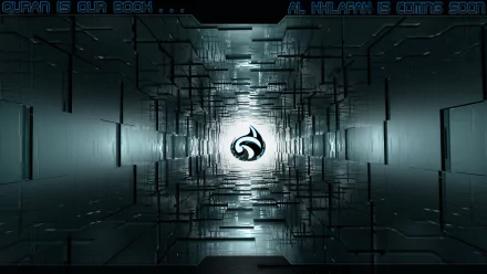 A sleek HD desktop wallpaper featuring a futuristic, tech-inspired design with a hacker theme, emphasizing a digital tunnel and intricate patterns in cool tones.