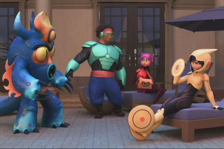 HD desktop wallpaper of Big Hero 6 characters Fred, Wasabi, Honey Lemon, and Go Go Tomago in a relaxed pose.