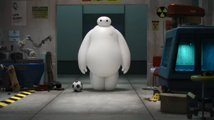 Baymax from the movie Big Hero 6 stands in a laboratory setting, surrounded by sci-fi equipment and a soccer ball. This HD desktop wallpaper and background bring the beloved character to life.