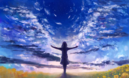 HD wallpaper featuring an anime girl with arms outstretched, standing in a vibrant field under a stunning, starry twilight sky.