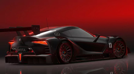 Sleek black Toyota FT-1 supercar concept with aggressive aerodynamic design, showcased against a vibrant red backdrop as an HD PC desktop wallpaper.