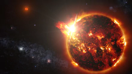 HD wallpaper of a vivid sci-fi depiction of the sun, bursting with flares and surrounded by stars in a cosmic setting.