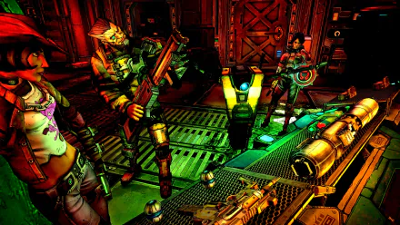 4K Ultra HD PC desktop wallpaper from the video game Borderlands: The Pre-Sequel, featuring characters and futuristic weapons in a vibrant, sci-fi interior setting.