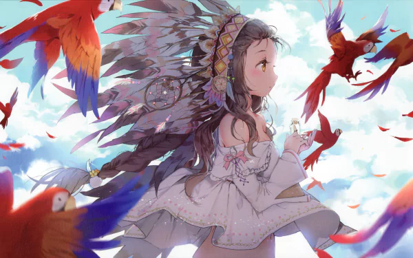 Anime girl with brown braided hair and a dreamcatcher headdress, surrounded by vibrant parrots. Orange-eyed birds enhance this dynamic HD wallpaper.