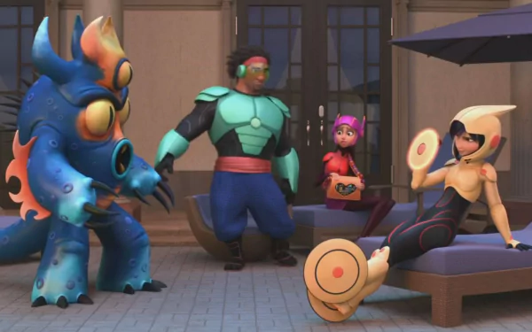 HD desktop wallpaper of Big Hero 6 characters Fred, Wasabi, Honey Lemon, and Go Go Tomago in a relaxed pose.