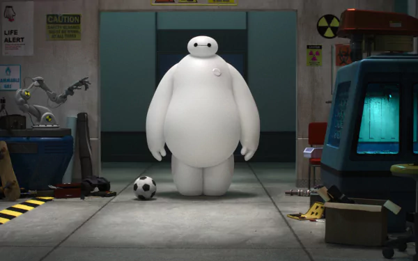 Baymax from the movie Big Hero 6 stands in a laboratory setting, surrounded by sci-fi equipment and a soccer ball. This HD desktop wallpaper and background bring the beloved character to life.