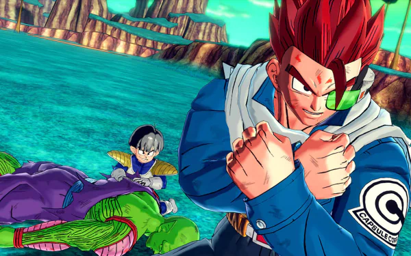 HD desktop wallpaper featuring a Dragon Ball Xenoverse scene with a dynamic pose of a red-haired character ready for battle.