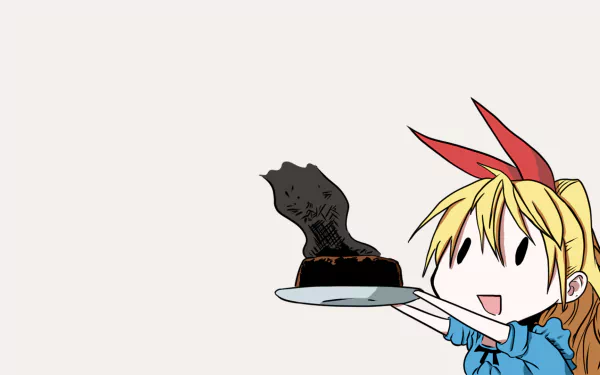 HD anime desktop wallpaper featuring Chitoge Kirisaki from Nisekoi holding a plate with a black burnt item against a plain background.
