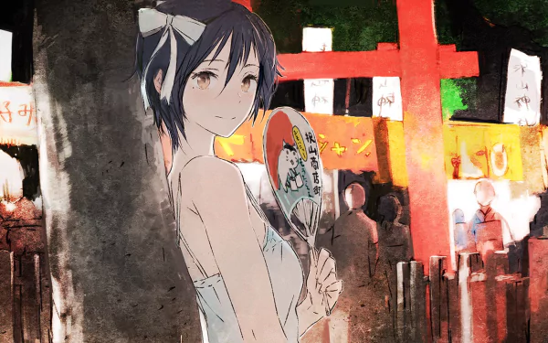 HD desktop wallpaper of Seishirou Tsugumi from Nisekoi at a festival night, holding a fan, with vibrant lights and traditional stalls in the background.