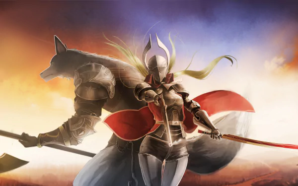 Anime-style HD desktop wallpaper from Pixiv Fantasia featuring a warrior in armor with a red cape and sword, standing confidently beside a large armored wolf under a dramatic sky.
