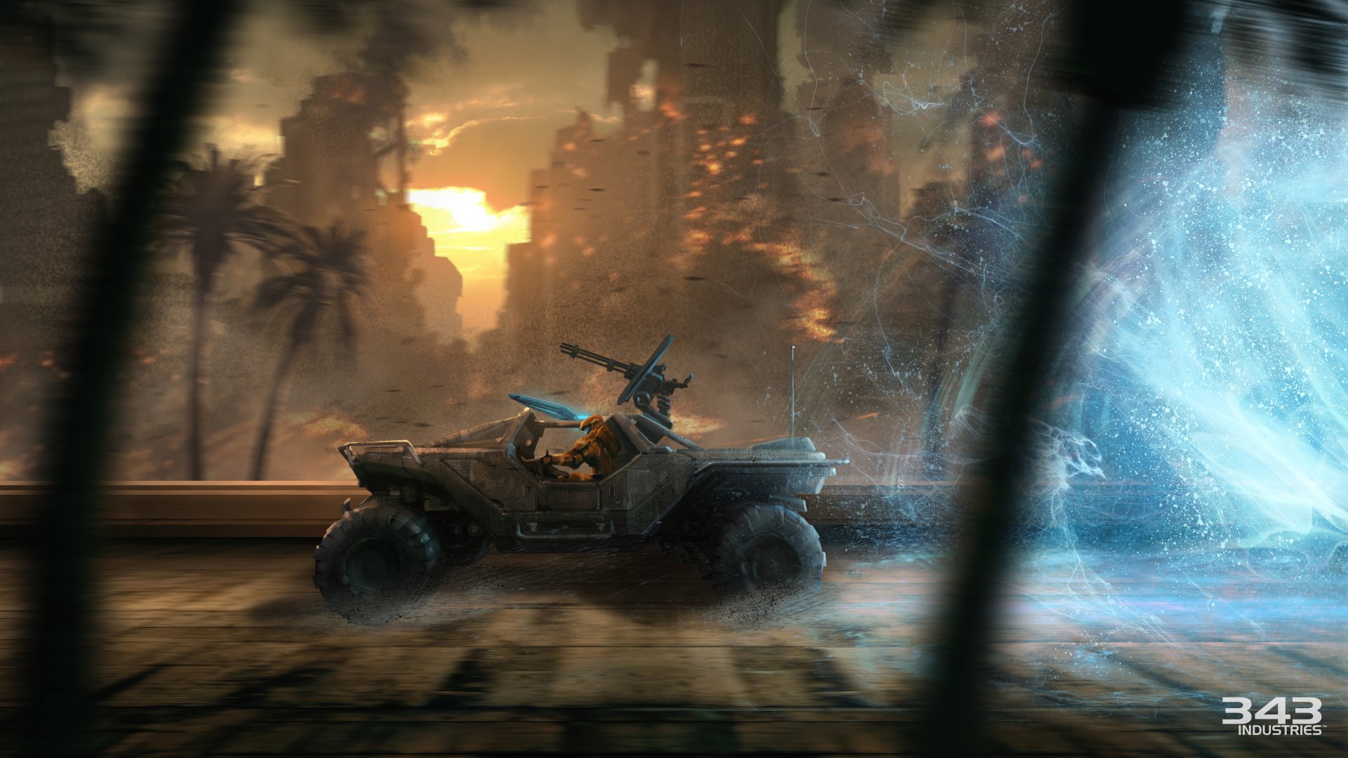 Halo video game — Halo: Spartan Strike 5K Ultra HD PC desktop wallpaper: Warthog with mounted gun drives toward a glowing energy shield by a ruined city at sunset.