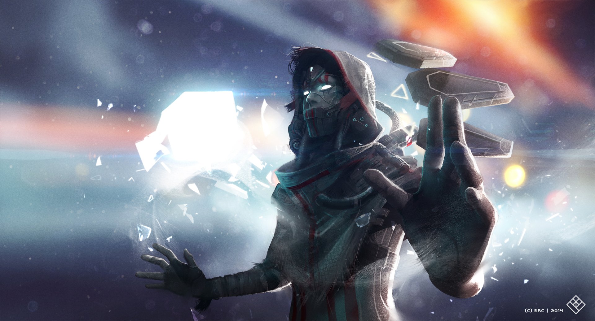 A powerful woman in a sci-fi setting, wielding energy amidst a dynamic background of light and shards, makes for an engaging HD desktop wallpaper.