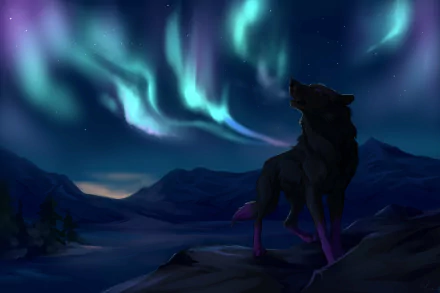 A wolf stands against a backdrop of mountains and a vibrant night sky with auroras in this HD desktop wallpaper and background.