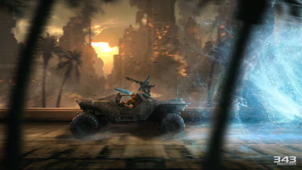 Halo video game — Halo: Spartan Strike 5K Ultra HD PC desktop wallpaper: Warthog with mounted gun drives toward a glowing energy shield by a ruined city at sunset.