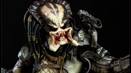 An intense close-up of the Predator character, showcasing intricate details of its armor and features, serves as a striking HD desktop wallpaper for fans of the movie.