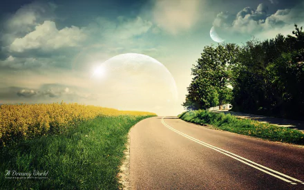 HD PC desktop wallpaper: dreamy nature world—sunlit country road curving past golden fields and trees beneath a giant translucent moon in a hazy sky.