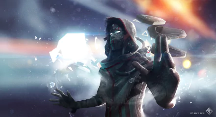 A powerful woman in a sci-fi setting, wielding energy amidst a dynamic background of light and shards, makes for an engaging HD desktop wallpaper.