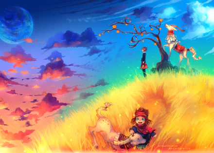 HD desktop wallpaper featuring an artistic scene with figures under a colorful sky and a large moon in the background.
