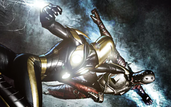 HD PC desktop wallpaper: Nova (Marvel Comics) in gold-and-black armor, hurtling through stormy skies with dramatic lighting and motion in a comic-style heroic pose.
