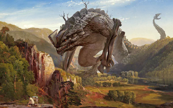 HD desktop wallpaper featuring a mythical creature soaring over a picturesque landscape with mountains, forests, and a river.