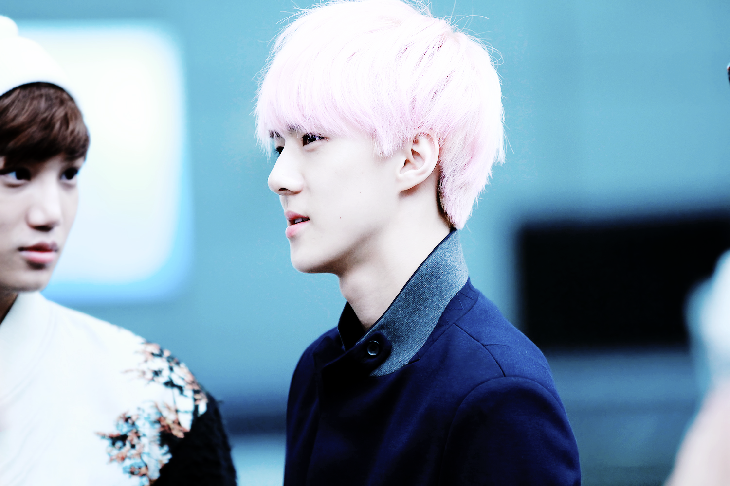 A high-definition image of Sehun from EXO, featuring his iconic pink hair, with a blurred background, making it an engaging desktop wallpaper for music fans.