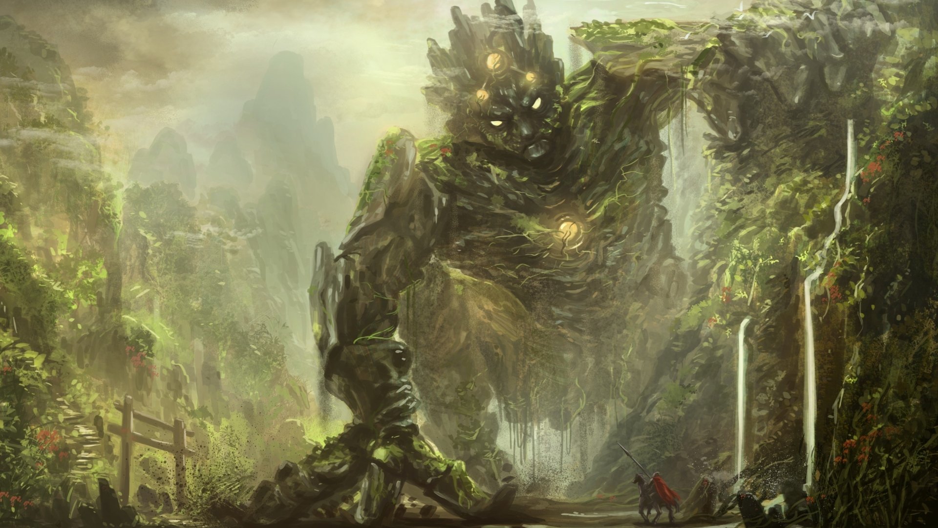 HD fantasy desktop wallpaper depicting a colossal, moss-covered creature emerging from a misty, mountainous landscape with two small figures nearby.