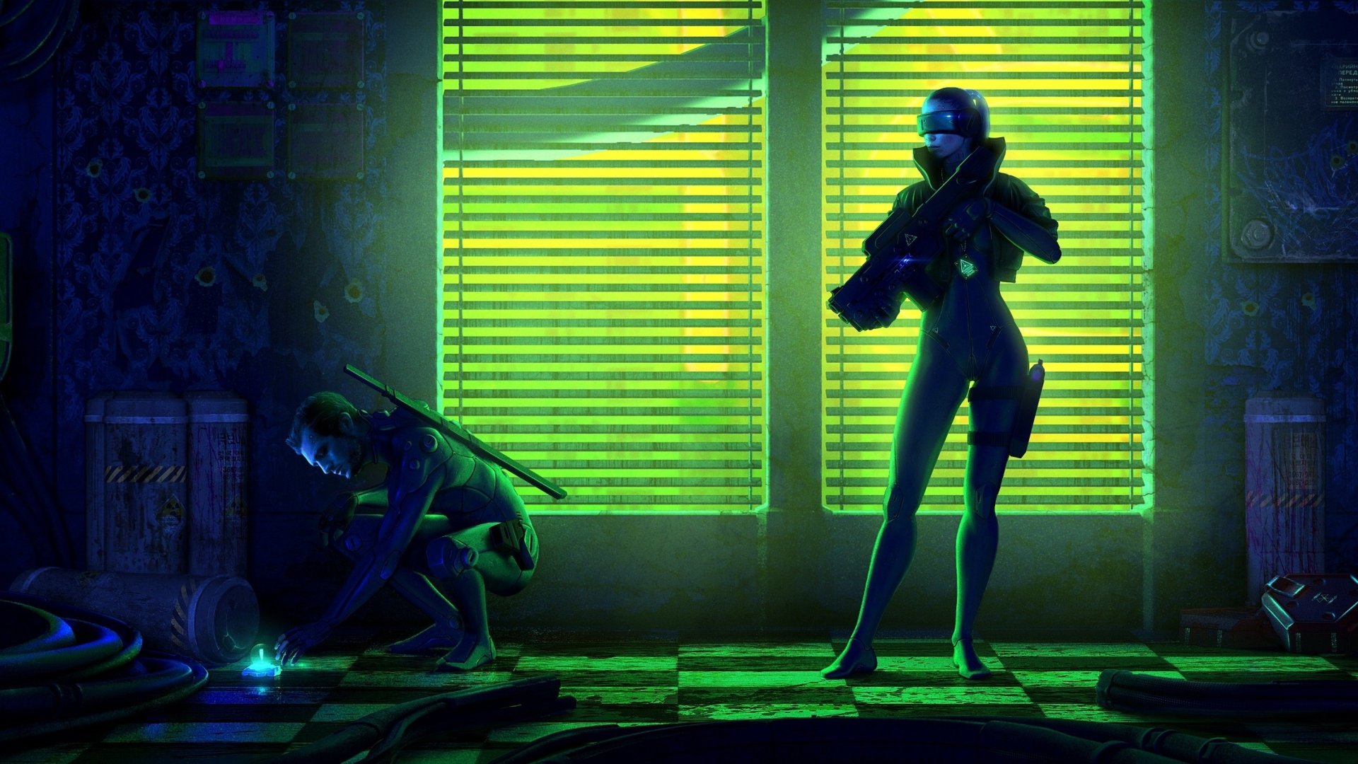 HD PC desktop wallpaper depicting a sci-fi warrior scene with two figures, one kneeling and the other standing, illuminated by vibrant green futuristic lighting.