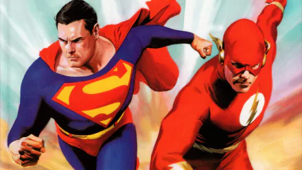 HD PC desktop wallpaper featuring Flash and Superman from DC Comics in dynamic comic-style action poses.