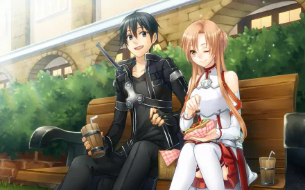 Asuna Yuuki and Kirito from Sword Art Online sitting on a bench, sharing a moment in a picturesque garden. This HD desktop wallpaper captures the essence of the anime with vibrant colors and serene ambiance.