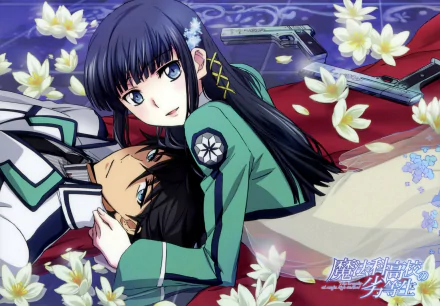 A striking HD wallpaper featuring Shiba Miyuki and Tatsuya Shiba from The Irregular at Magic High School, surrounded by flowers and guns, blending action and beauty.