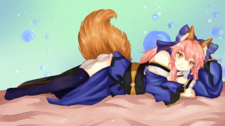 Anime character Caster from Fate/Extra lies gracefully in a kimono, adorned with thigh highs, animal ears, and a tail, smiling against a soft, bubbly background. HD desktop wallpaper.