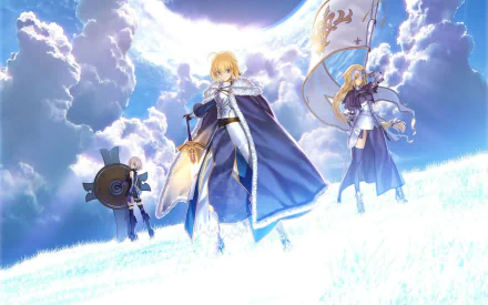 HD desktop wallpaper featuring characters Mashu Kyrielight, Artoria Pendragon, and Jeanne d'Arc from the Fate series, including Fate/Stay Night and Fate/Grand Order, set in an ethereal sky and field background.
