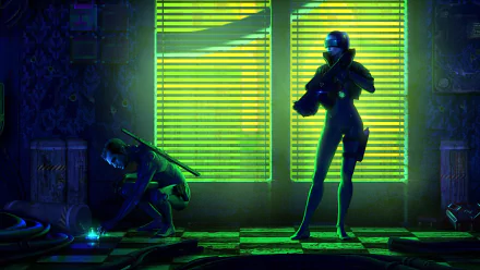 HD PC desktop wallpaper depicting a sci-fi warrior scene with two figures, one kneeling and the other standing, illuminated by vibrant green futuristic lighting.