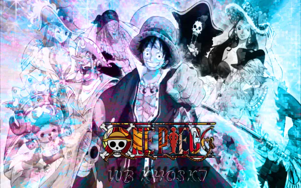 Colorful HD wallpaper featuring the main characters from One Piece, including Monkey D. Luffy, Roronoa Zoro, Nami, Nico Robin, Tony Tony Chopper, Franky, and Usopp.