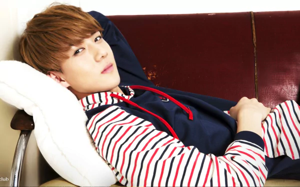 Young man in a striped hoodie, reclining on a maroon sofa with a white cushion. The image is tagged with: music, EXO. This HD desktop wallpaper and background exudes a relaxed, contemporary vibe.