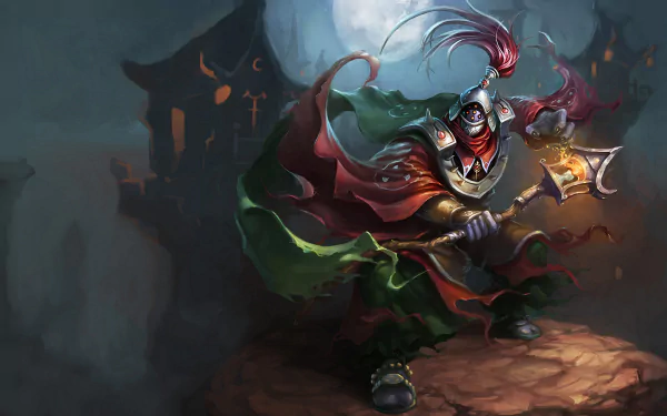 HD wallpaper of Jax from League of Legends, depicted in dynamic battle stance with a mystical weapon.