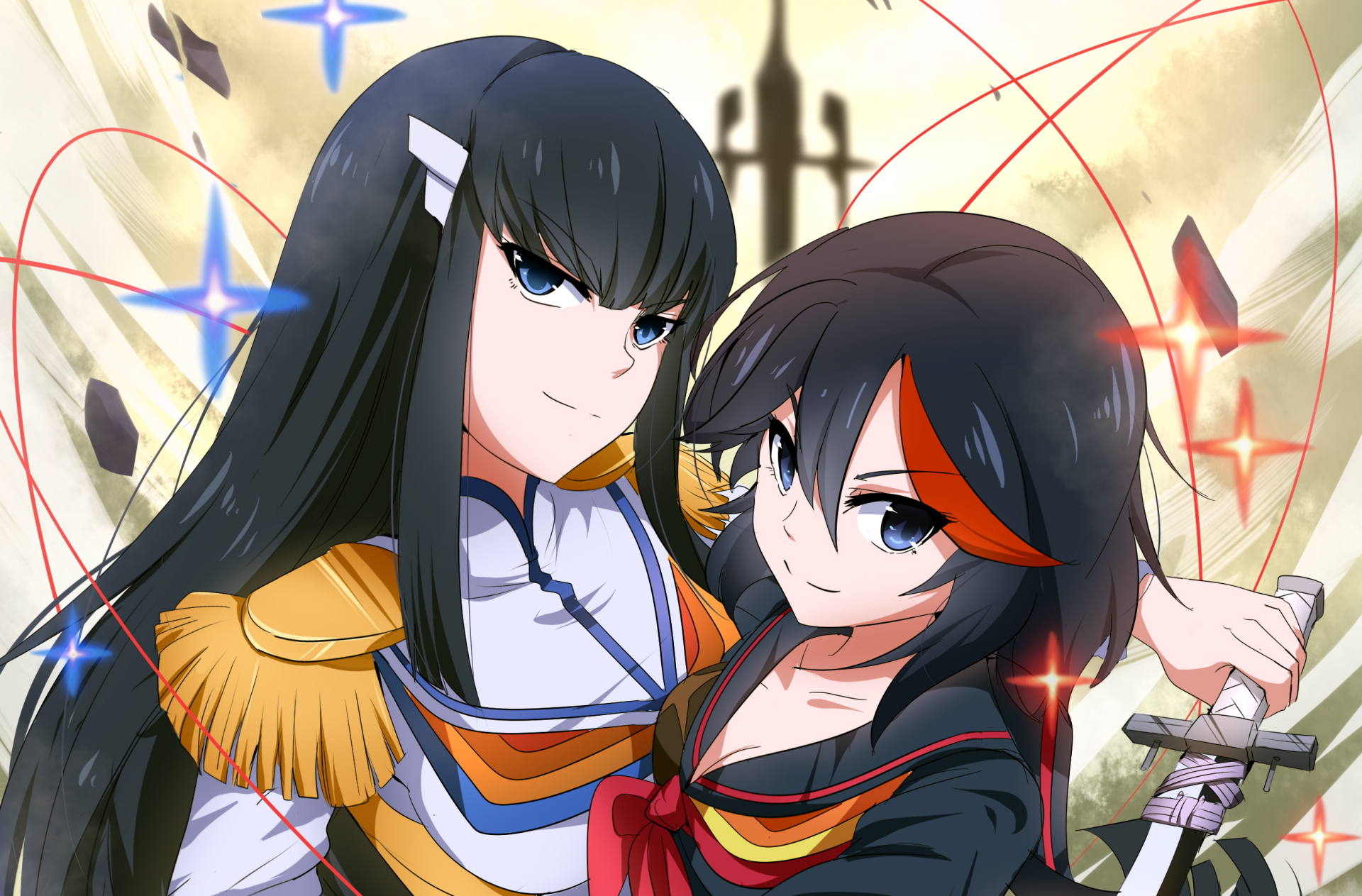 HD PC wallpaper featuring Ryūko Matoi and Satsuki Kiryūin from the anime Kill La Kill with dynamic poses and vibrant colors.