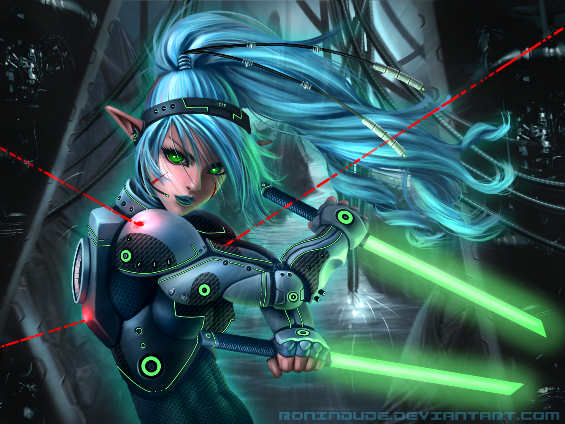 A fierce woman warrior with vibrant blue hair and glowing green swords stands ready for battle, set against a futuristic background in this HD fantasy wallpaper.